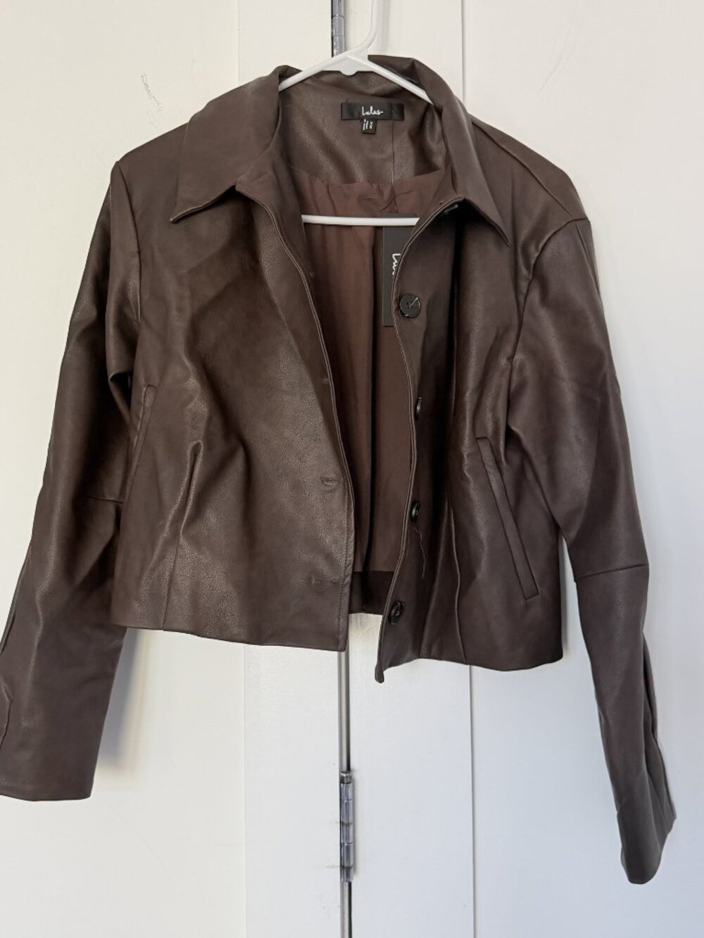 NWT Lulus Cropped Faux Leather Button Jacket Chocolate Brown